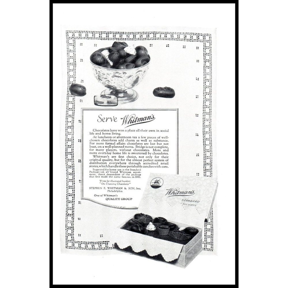 1924 Whitman's Chocolates Vintage Print Ad Candy Bowl Gift Box Wall Art
